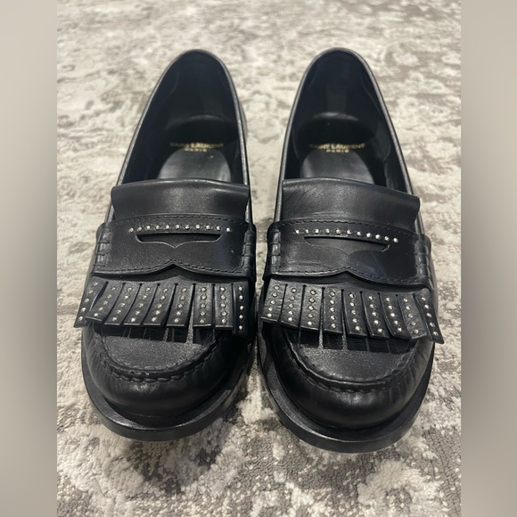 St Laurent Paris Fringed Studded Loafers - Picture 2 of 9